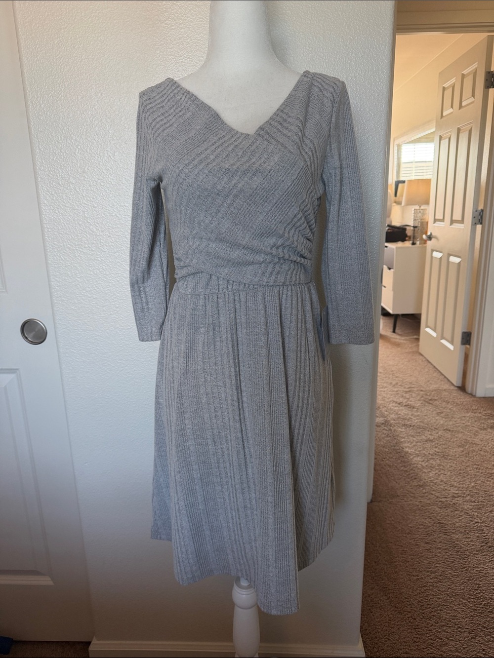 The Vanity Room Light Gray Ribbed V-Neck Midi Dress